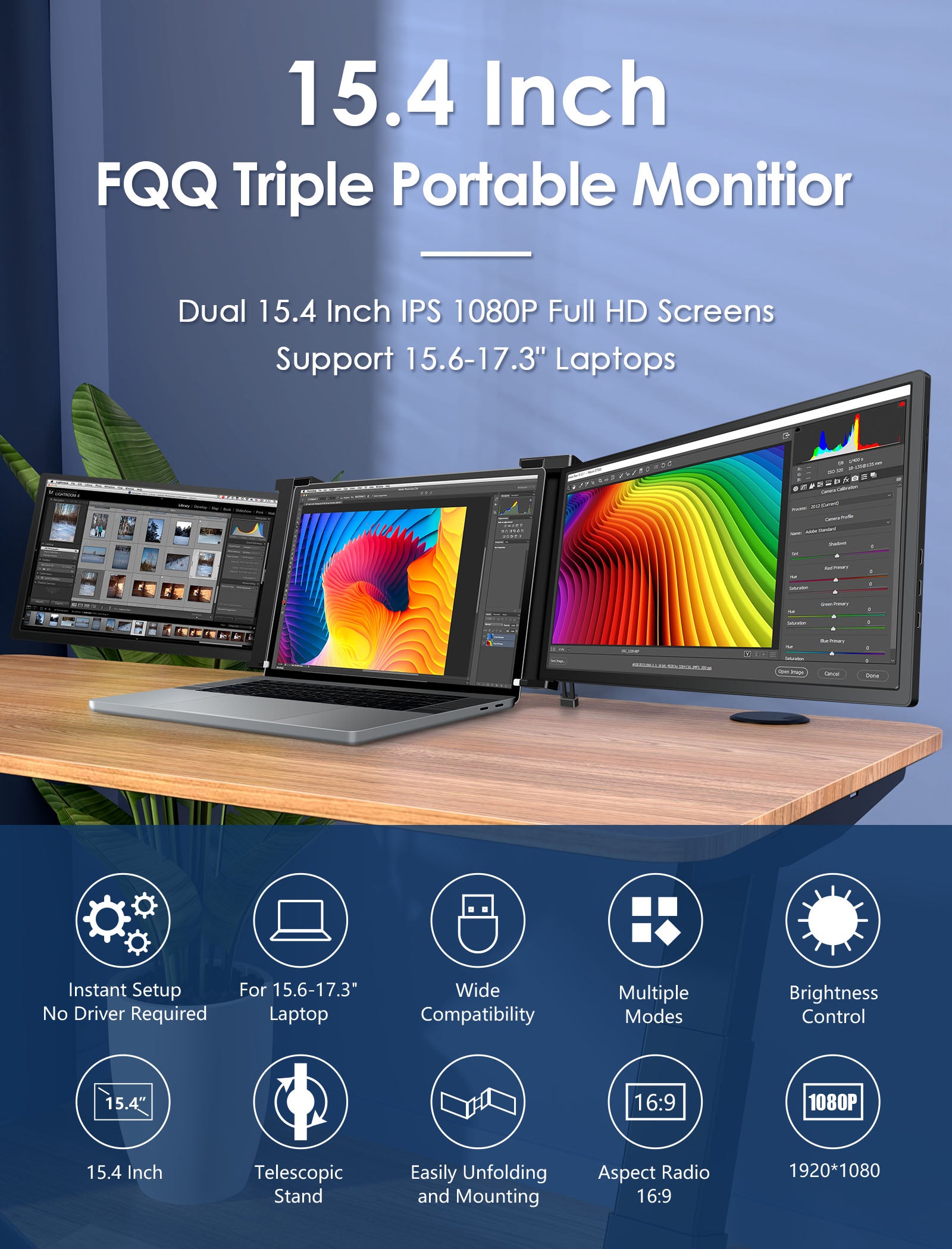 FQQ 15.4” Triple Portable Monitor - 1080P FHD IPS Laptop Screen Extender- S20