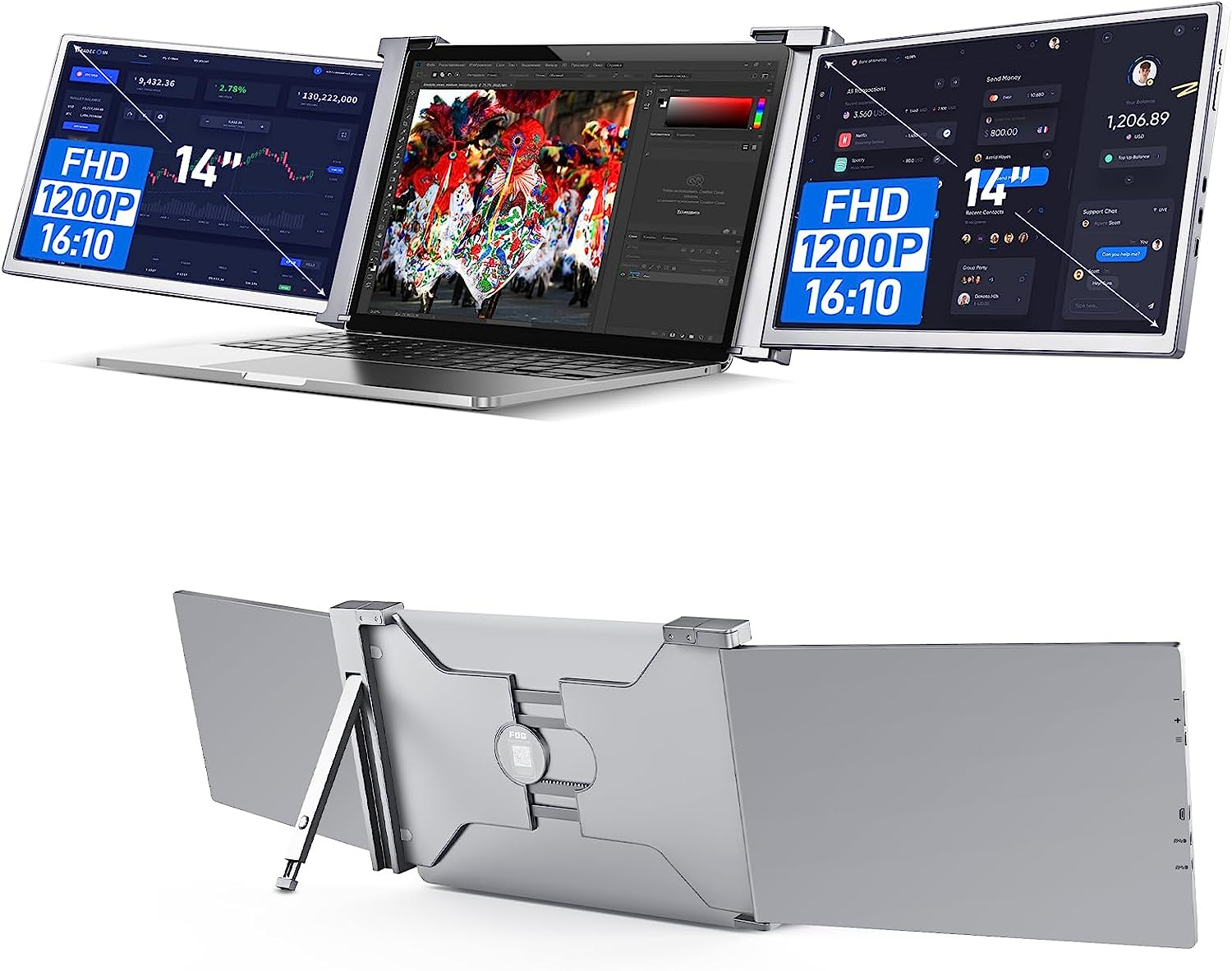 14” Triple Laptop Monitor, 1920 * 1200P Portable Monitor with 16:10 ...
