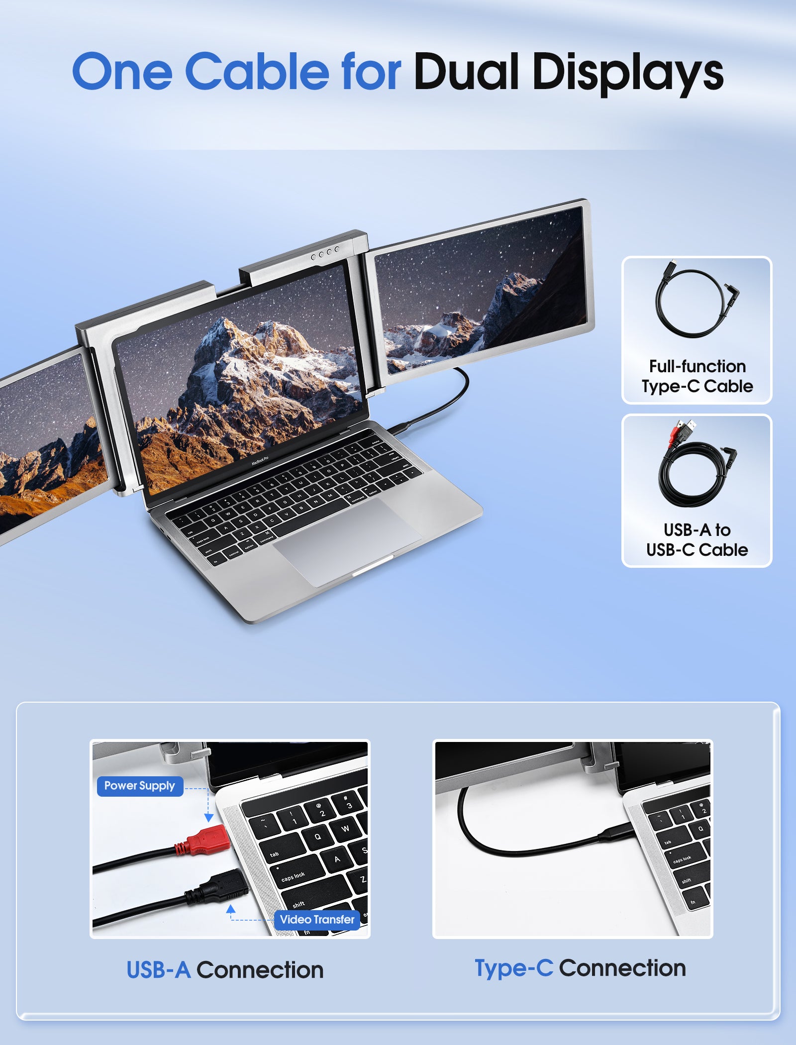 FQQ 11.6” 1080P Triple Portable Monitor - 1 Cable for 2 Displays-S100
