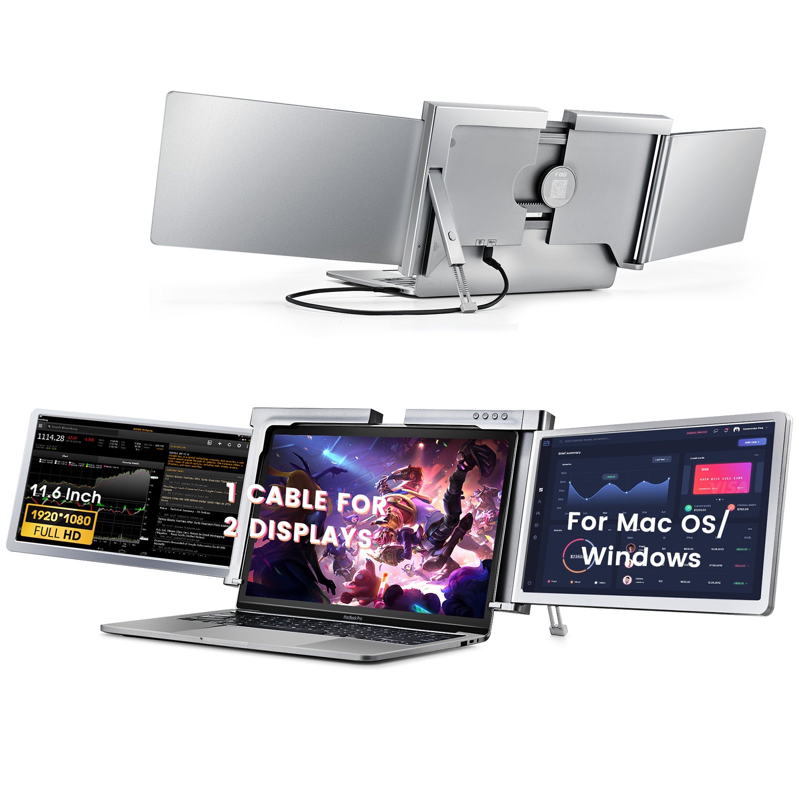 FQQ 11.6” 1080P Triple Portable Monitor - 1 Cable for 2 Displays-S100