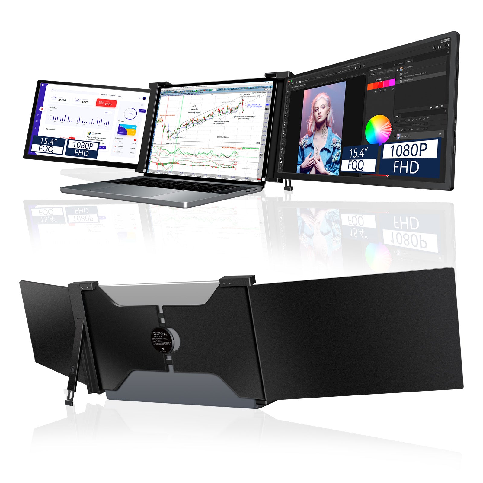 FQQ 15.4” Triple Portable Monitor - 1080P FHD IPS Laptop Screen Extender- S20