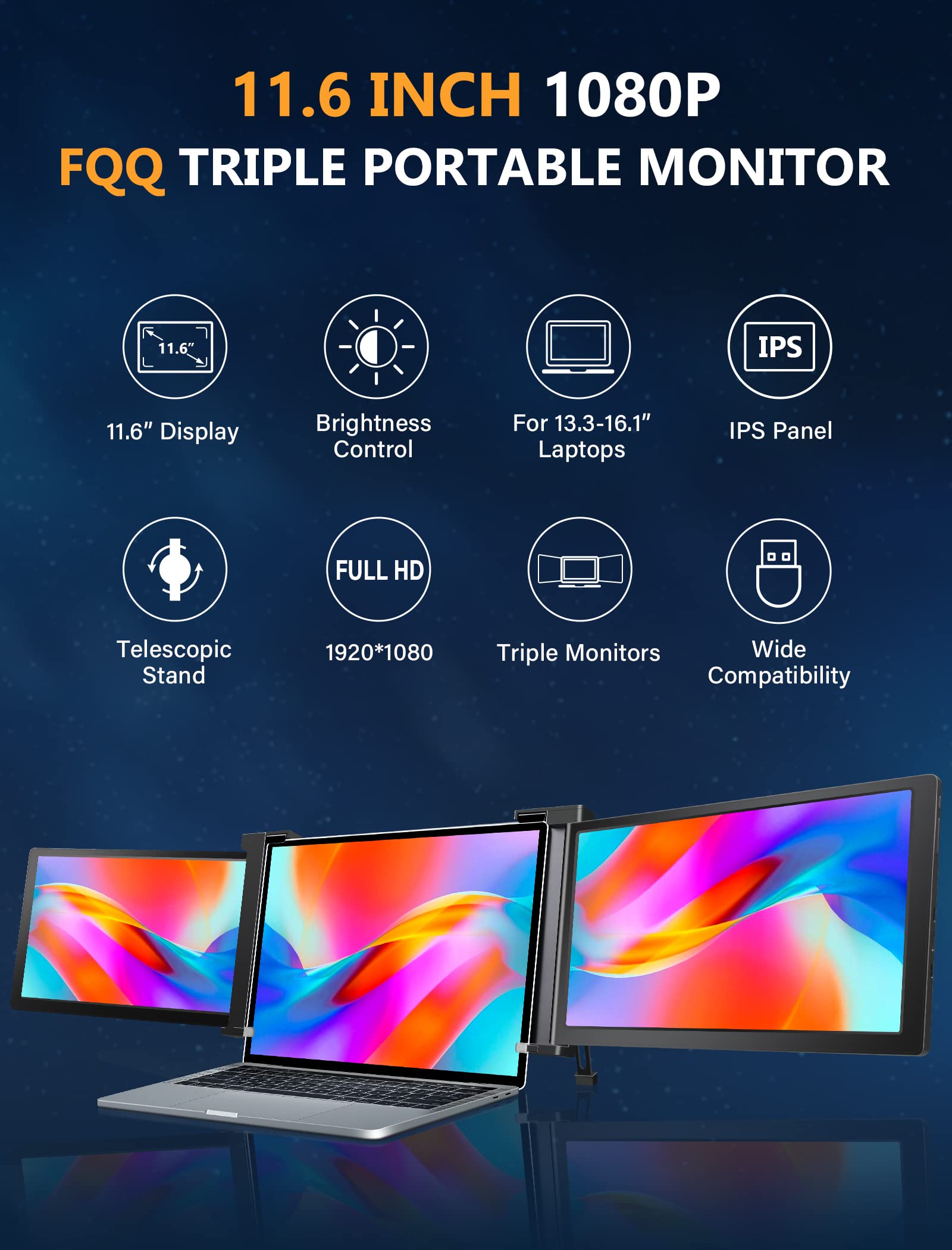 FQQ 11.6” Triple Portable Monitor - 1080P FHD IPS Laptop Screen Extender