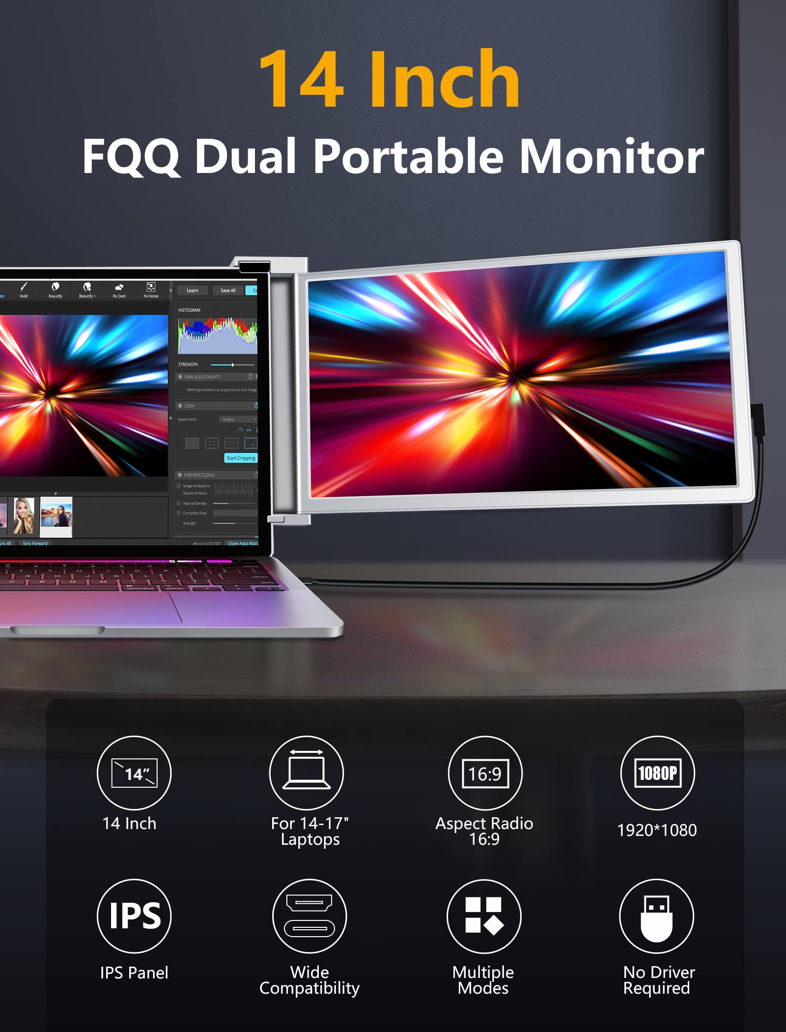 FQQ 14” Dual Portable Monitor - 1080P FHD IPS Laptop Screen Extender- S14